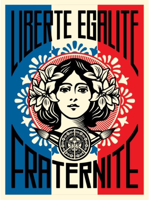 POSTER-SHEPARD-DESIGNED-BASED-ON-HIS-MAKE-ART-NOT-WAR-POSTER-FOR-THE-US-10-YEARS-AGO-ESPECIALLY-FOR-PARIS-A-FEW-DAYS-AGO.Liberte-Fraternite-Obey-01-500x670